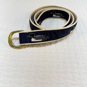 Leather Man Navy Belt with Loon Pattern and Gold Buckle Made in Essex Ct Size L